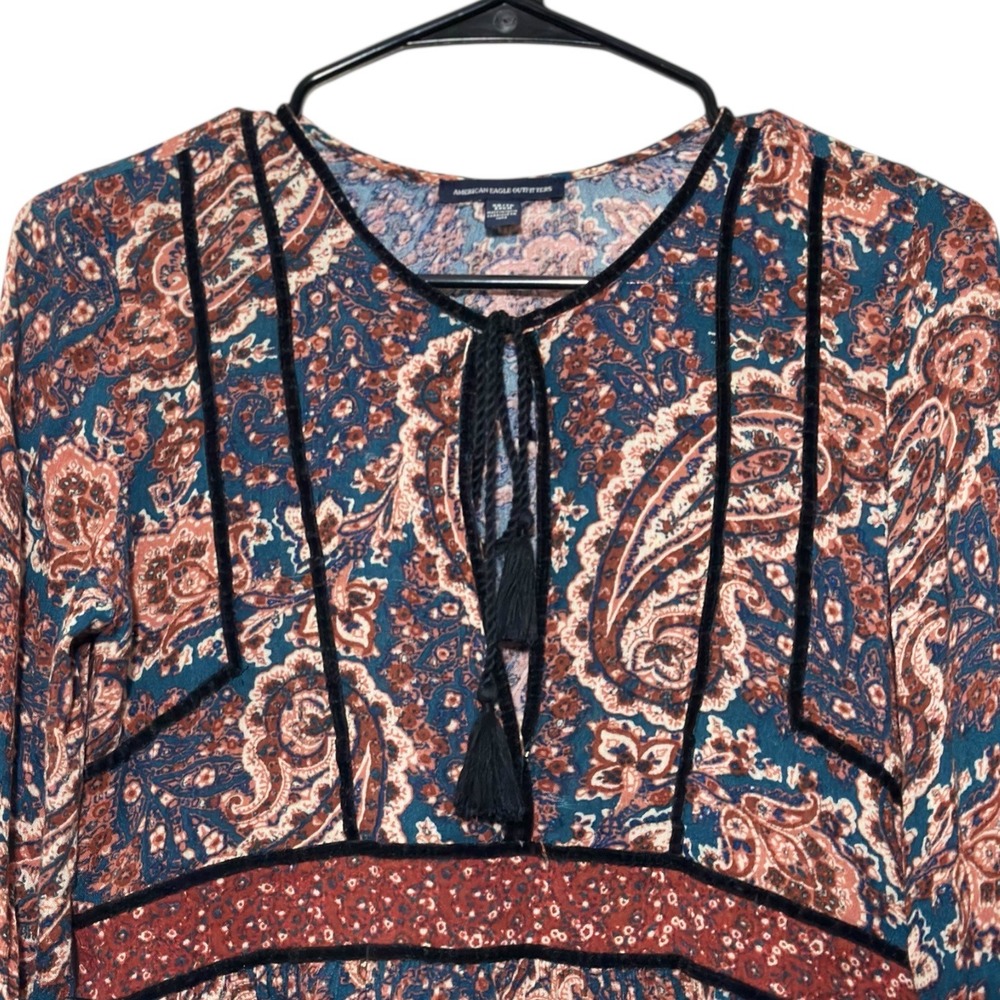 American Eagle Outfitters Paisley Print Bell Sleeve Tassel Tie Blouse Size XS - Picture 3 of 7